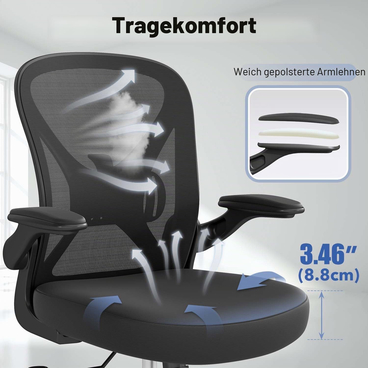 Ergonomischer Schreibtischstuhl, Mesh-Bürostuhl mit verstellbarer Lendenstütze & hochklappbaren Armlehnen, atmungsaktiver Computerstuhl fürs Homeoffice mit 360°-Drehung & Höhenverstellung, Schwarz