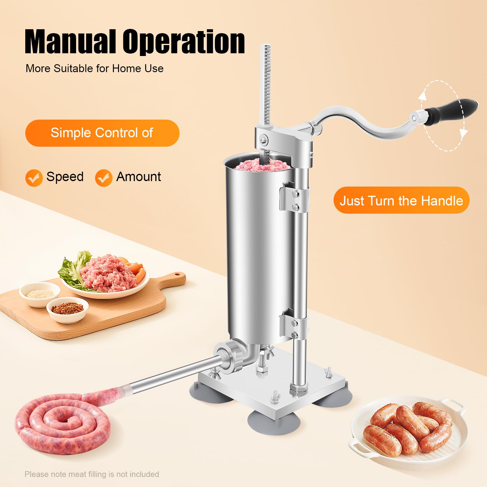 Stainless Steel Vertical Sausage Stuffer, 6 Pound Capacity Sausage Filler, Sliver, Easy Clean Up Sausage Maker - with Tubes