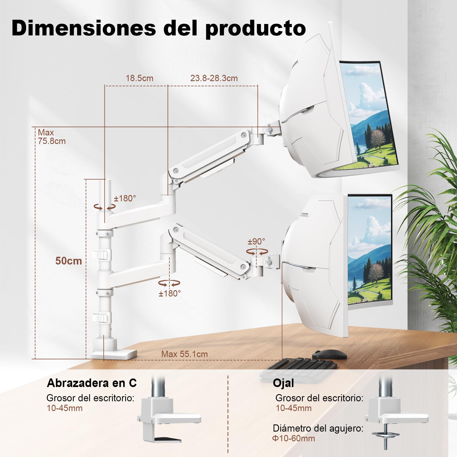 Supporto per Monitor PUTORSEN per 2 Schermi da 17 a 49 Pollici - Fino a 20 kg per braccio, supporto extra-lungo regolabile in altezza e orientabile per un'ergonomia ottimale, VESA 75/100 mm.