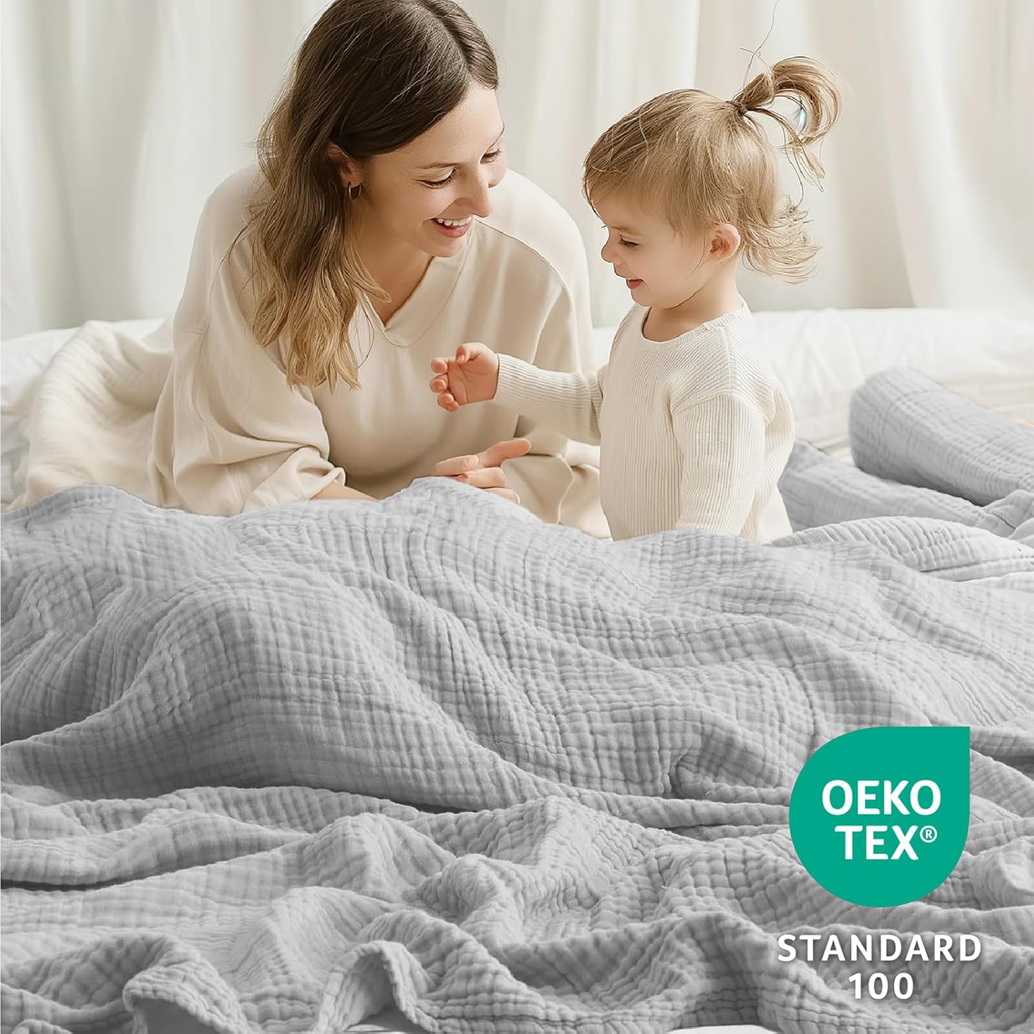 100% Cotton Muslin Blanket King 108" x 90", Breathable and Lightweight Cotton Throw Blankets for Bed, Soft Cooling Summer Gauze Blanket for Adults All Season, Light Grey - Image 3