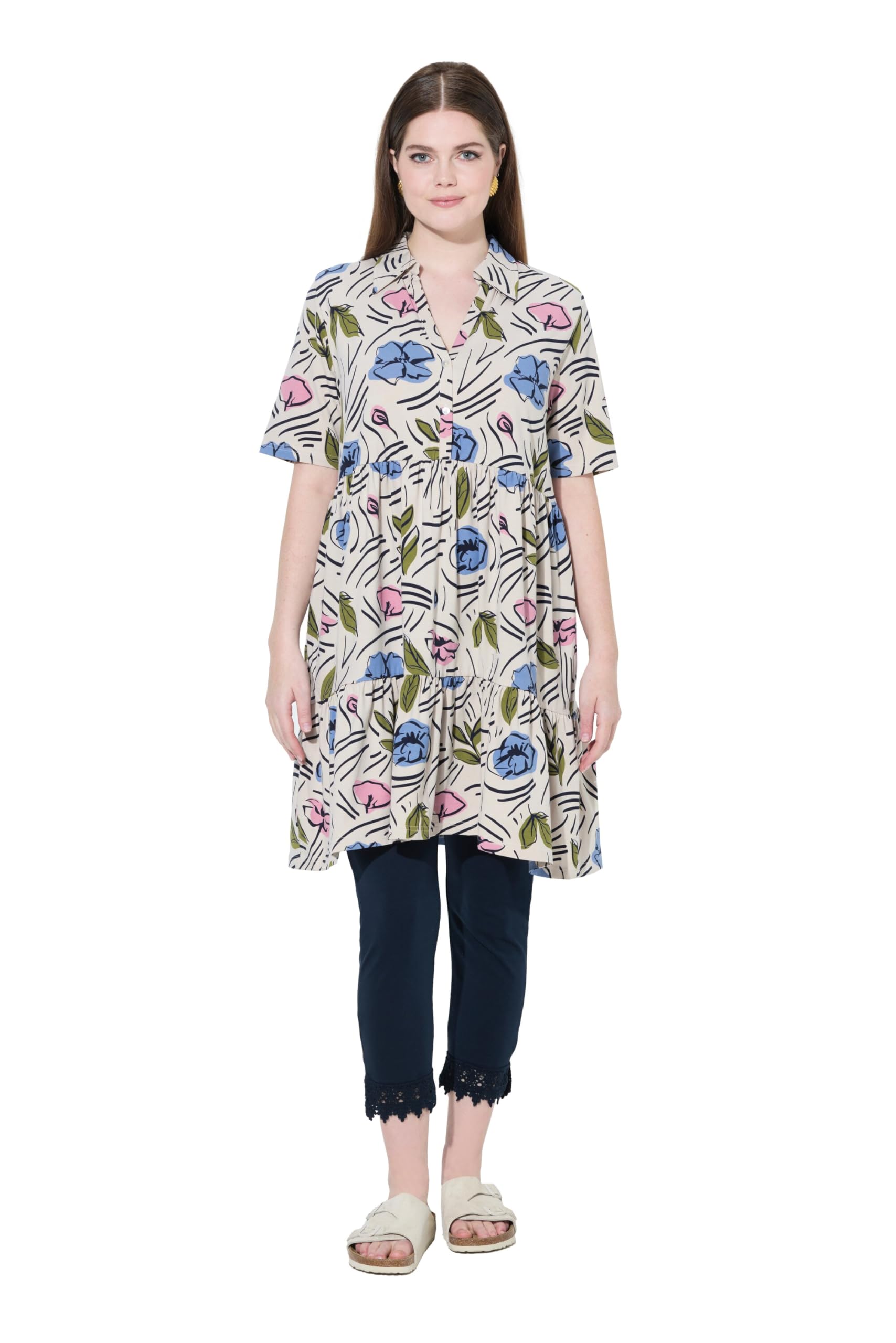 Ulla Popken Damen große Größen Übergrößen Plus Size Longshirt, Blüten, A-Linie, Polokragen, Halbarm 840748