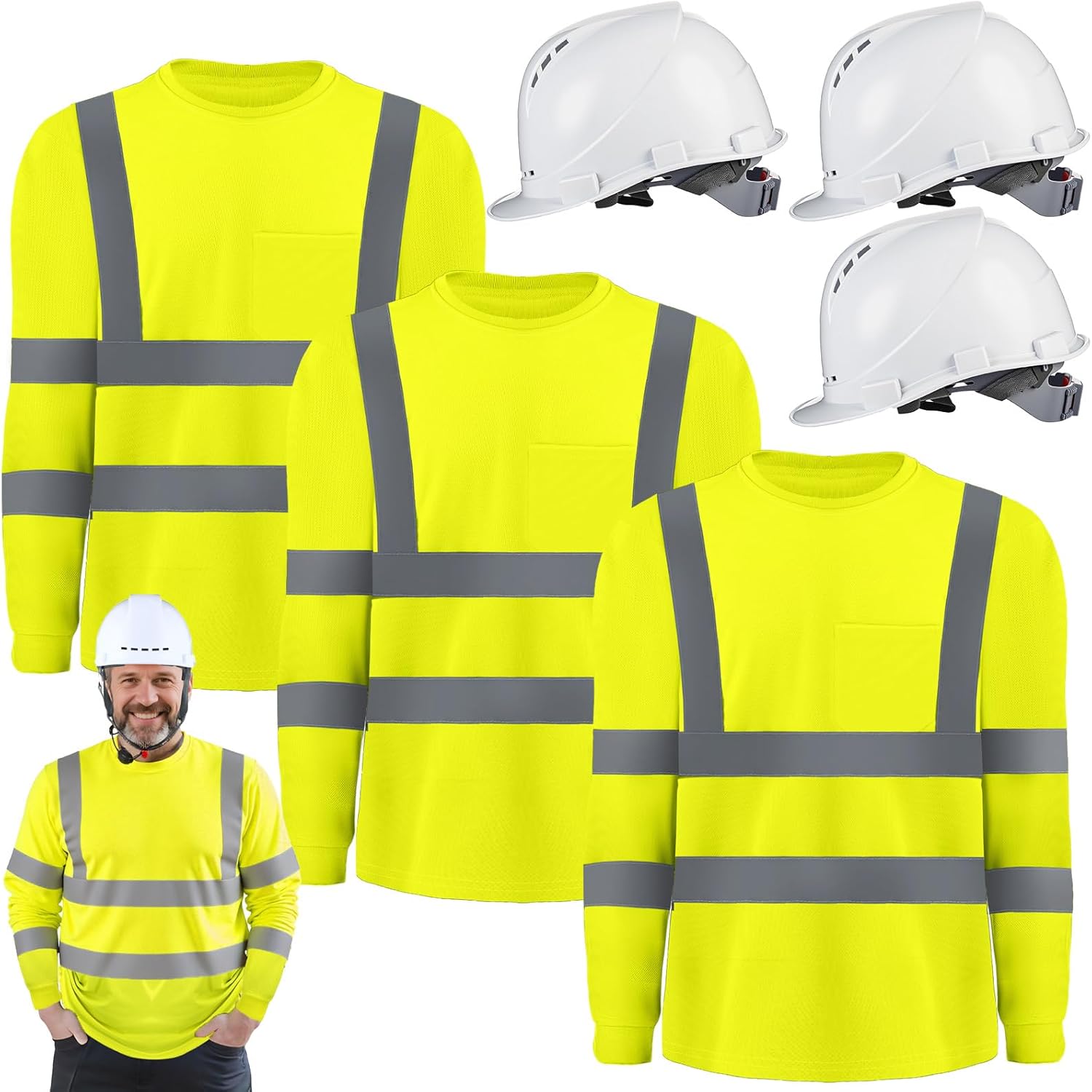 3 Set High Visibility Shirts & Suspension Hard Hat, 3 Reflective Safety Hi Vis Shirt Long Sleeve Wicking Mesh T Shirt Workwear for Construction Yellow, White