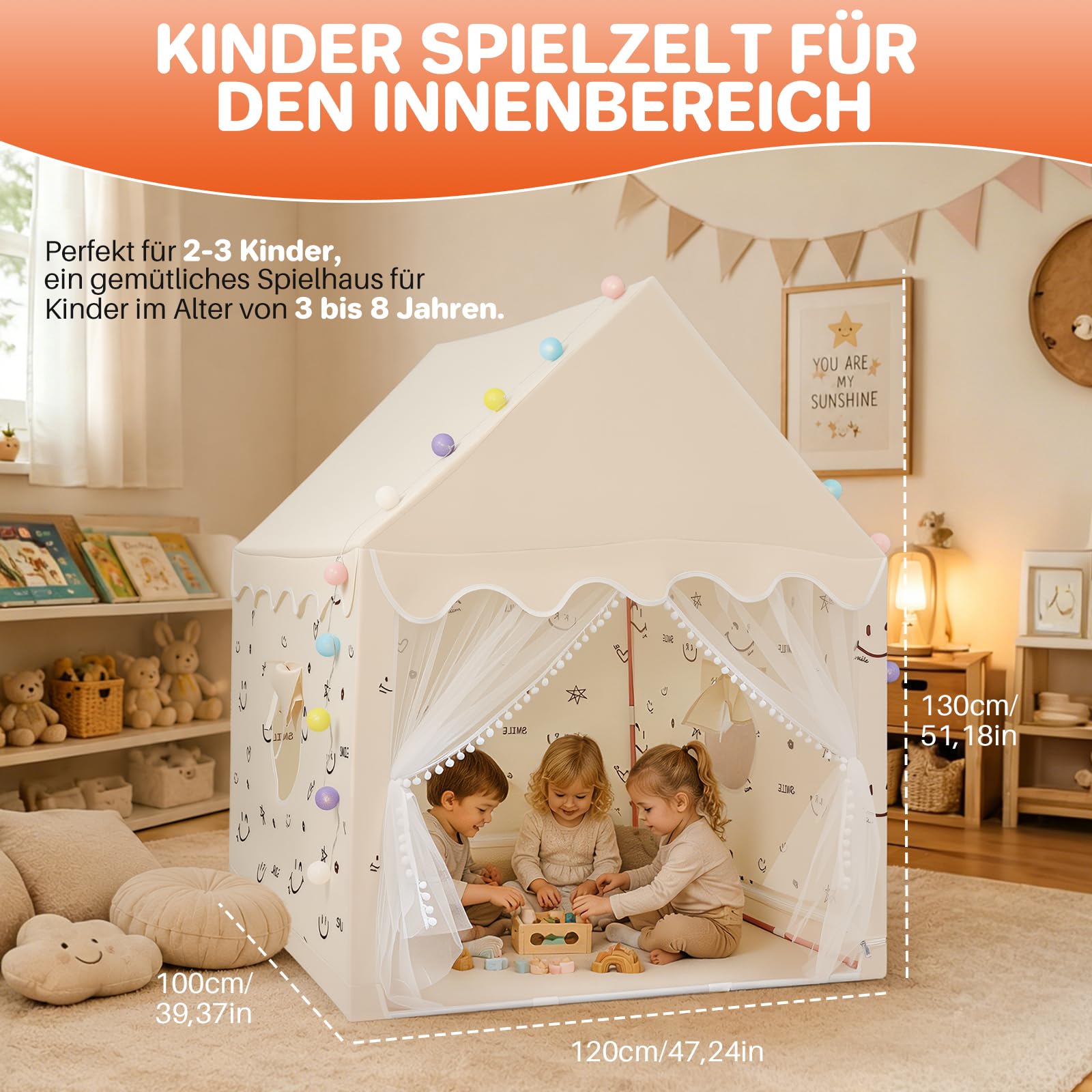 FUNYKICH Kinder Spielzelt, Kinderzelt Robust Innen & Außen 120x100x130cm | Metallstangen, inkl. Lichter, tragbar, Waschbares, Belüftung, werkzeugloser Aufbau, multifunktionales Spielhaus, für 2–3 Kids