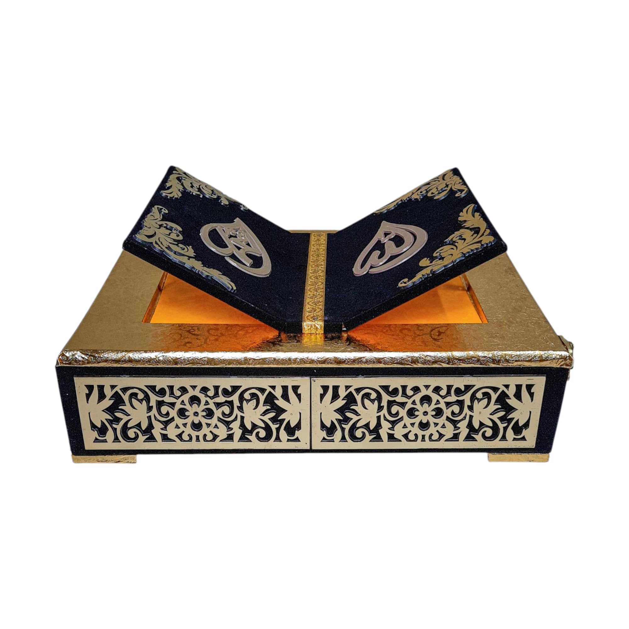 Black Velvet Quran Box Attached With Rehal Stand Wooden, Black Colour With Golden Work Box.-image-8