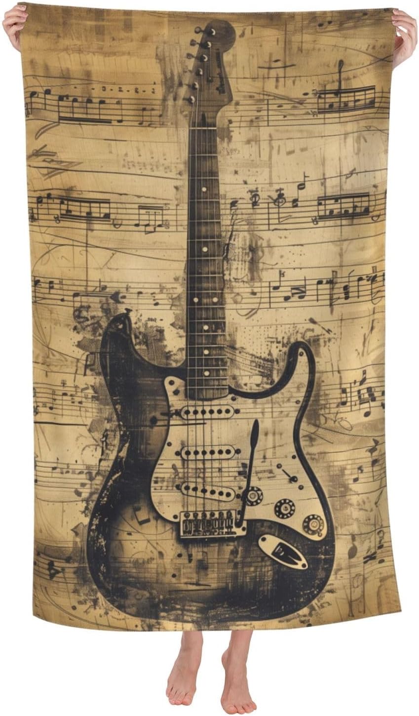 Vintage Guitar Music Lover Beach Towel, Ultra Soft Lightweight Sand-Free Microfiber Bath Towels for Pool, Bathroom, Swimming, Vacation, Travel 31"x51", Gifts for Kids, Teens, Girls, Women