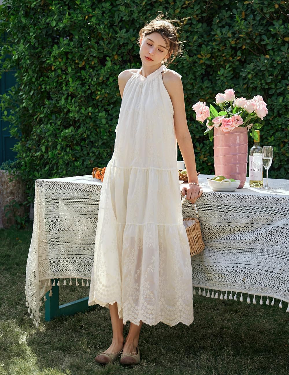 Women's Bohemian Maxi Dress, Summer White Halter Neck Sleeveless Embroidery Lace Beach Vacation Long Dress - Image 6