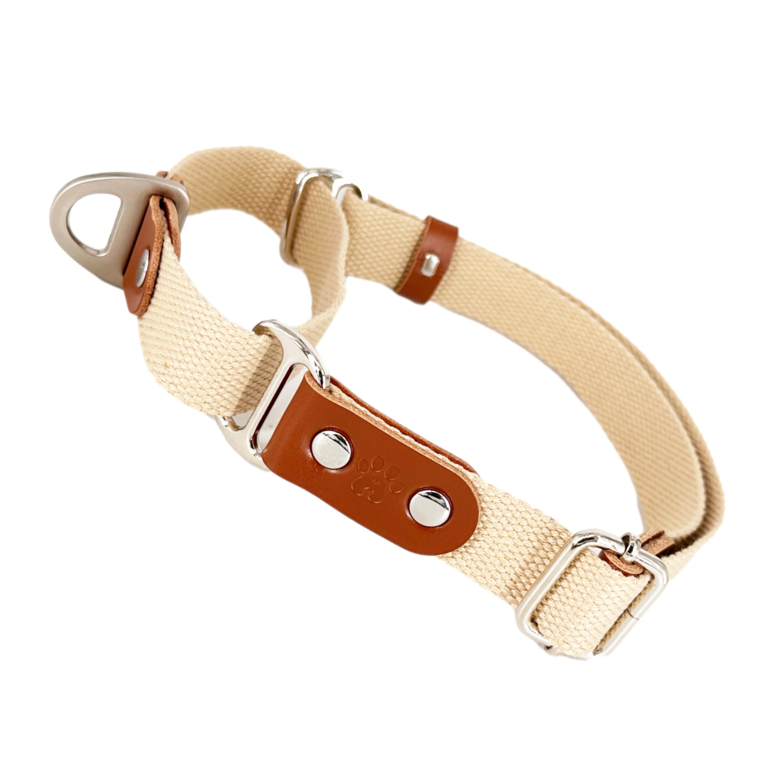 Martingale Dog Choke Collar, Antipull, Poly-Cotton and Leather. L. Beige & Cognac, Beige(Poly-cotton) & Cognac