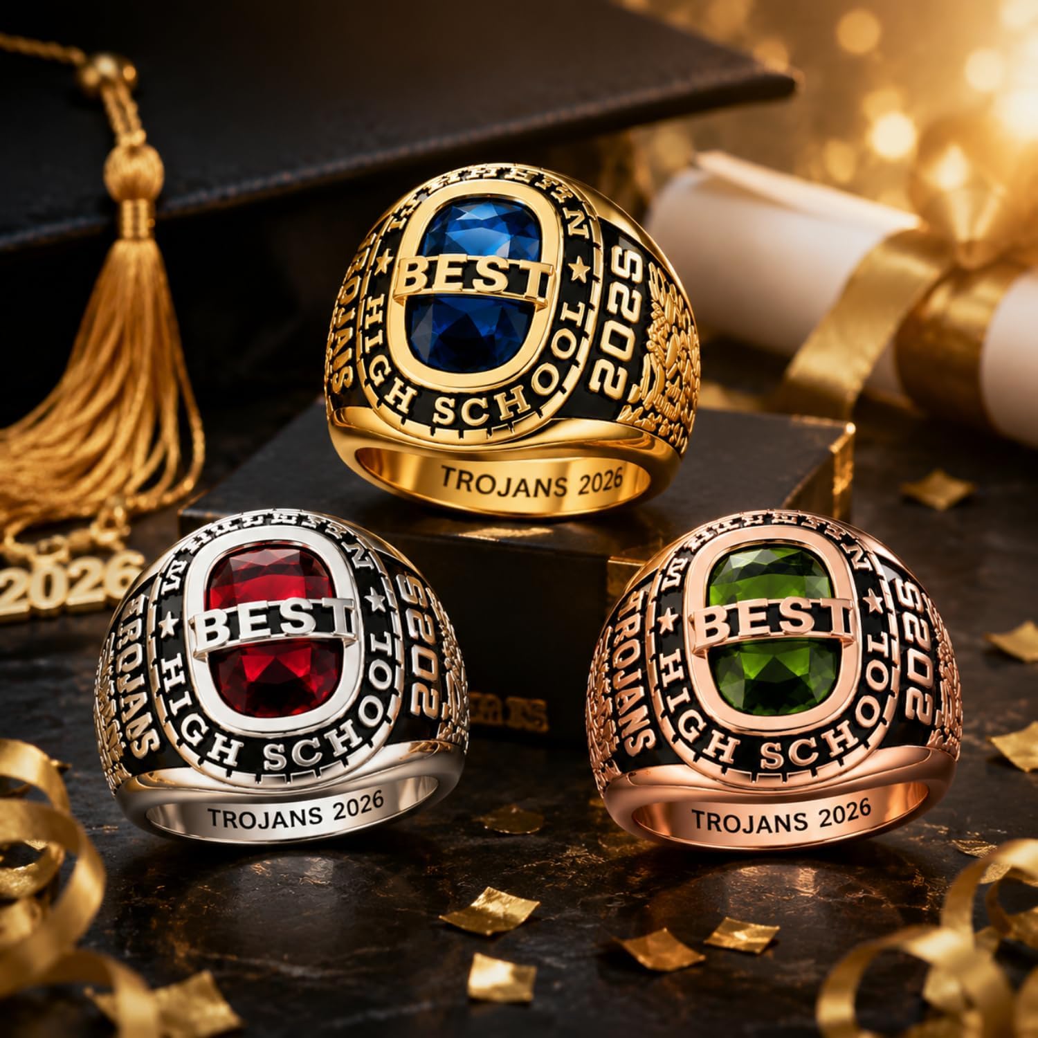 Eseres 2026 Class Rings Customizable for High School & College, Personalized Graduation Rings Engravable with Logo, Name, School Year with Birthstone for Men Women
