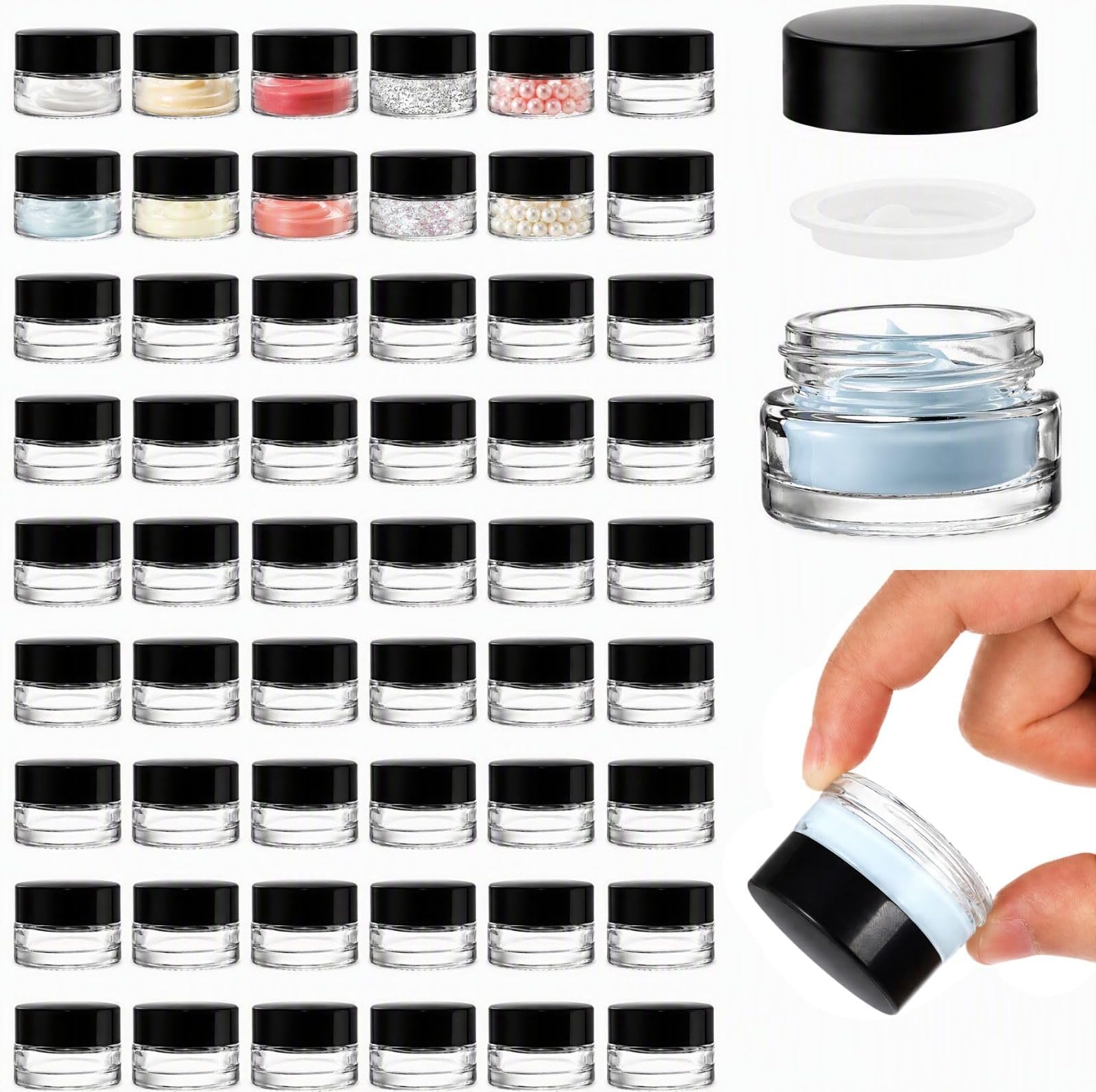Coloch 90 Pack 5ml Empty Glass Jars with Black Lid, Clear Airtight Cosmetics Container Bulk Refillable Tiny Sample Jar for Cosmetics, Lotion, Cream, Samples, Wax, Skincare, Travelling, Retail Store