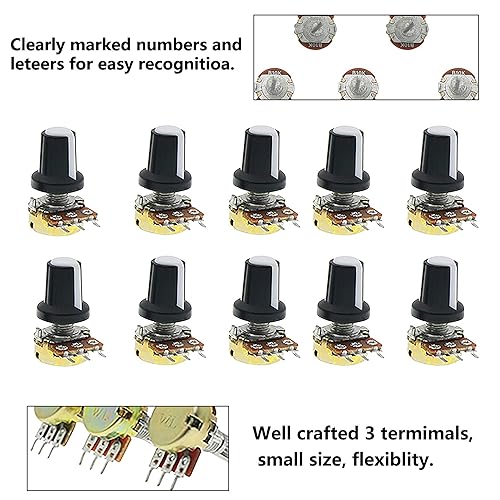 Miniatura 5 de WH148 Kit de potenciómetro – 45 juegos 1K 5K 10K 20K 50K 100K 250K 500K 1M Ohm Tipo B Potenciómetros lineales, eje de 0.59 pulgadas con perillas,