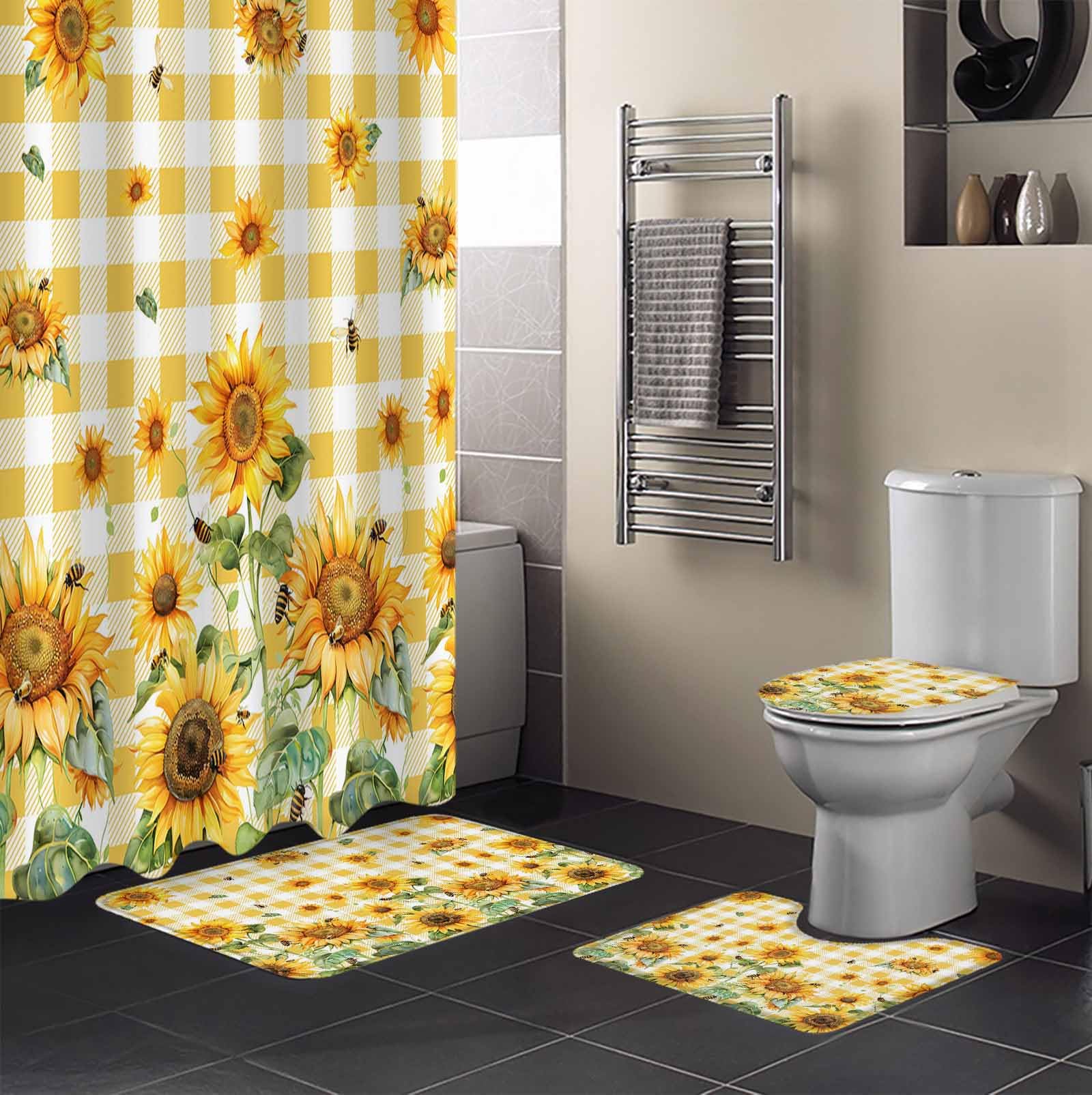 Orange Sunflower Bathroom Set with Shower Curtain and Rug Accessories - 72x72 Inches Long Bee Floral Summer Rustic Buffalo Check Bathtub Curtain Waterproof with Large Bath Mat,Washable Runner Rug Set
