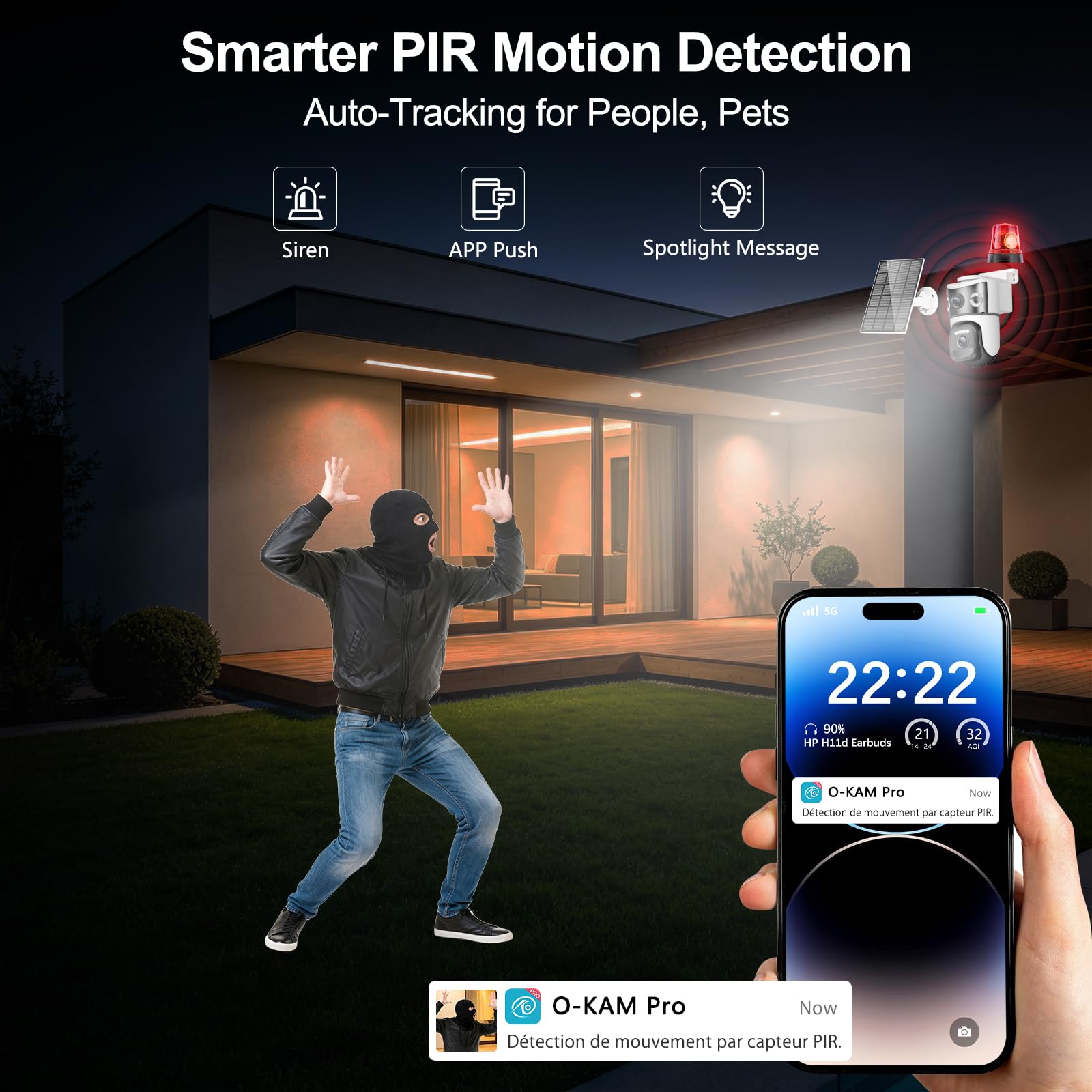 8MP Caméra de Surveillance WiFi Extérieure sans Fil,4K Double Objectif Camera Extérieur Solaire avec Panneau,355° PTZ,Vision Nocturne,Suivi Automatique,PIR Détection Humaine,Audio Bidirectionnel,IP66