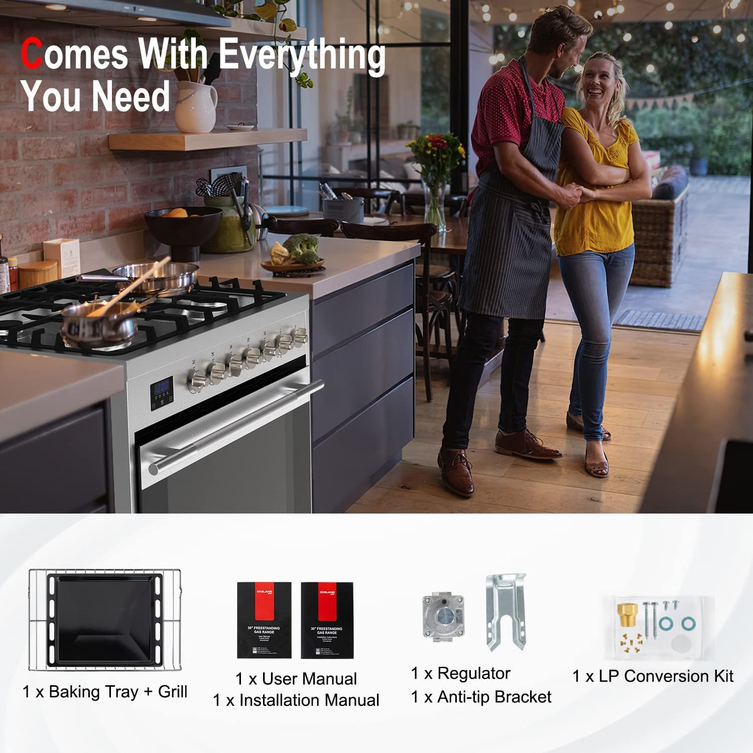 GASLAND 30'' Gas Range Stove with 5 Sealed Gas Burners, Dual Feul Stove Oven with Baking, Tray Grill and Storage Drawer, 5.0 cu. ft. Capacity, 5 Functions included LP Conversion Kit