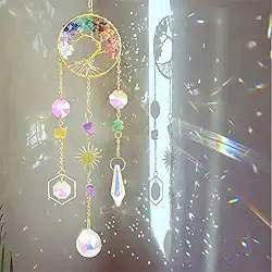 Apanhador de sol de cristal, árvore da vida de 7 chacras para pendurar em janelas internas, apanhadores de sonhos para carro, espiritual, criador de arco-íris, decoração de jardim e casa