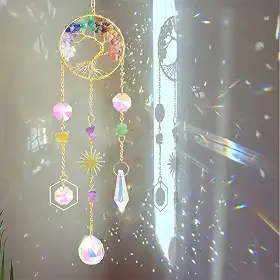 Apanhador de sol de cristal, árvore da vida de 7 chacras para pendurar em janelas internas, apanhadores de sonhos para carro, espiritual, criador de arco-íris, decoração de jardim e casa