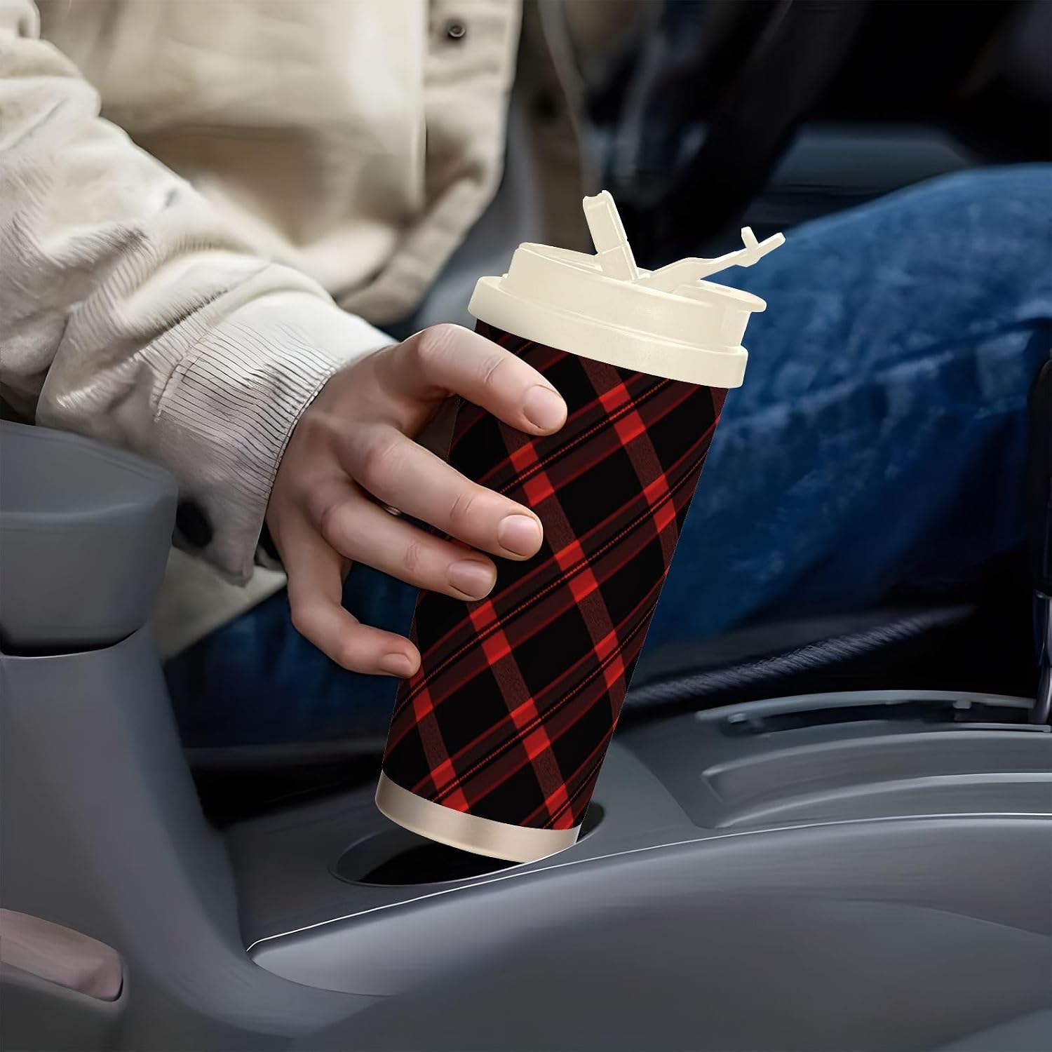Black Red Plaid Insulated Coffee Mug with Straw & Flip Lid, 16.9oz Iced Tumbler Cup, Double Wall Vacuum Leak-Proof Mug for Travel Office