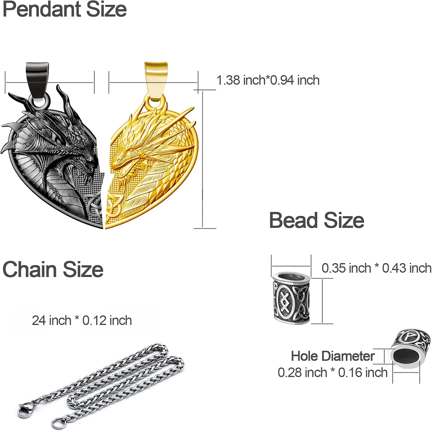 Matching Dragon Necklace Couples Viking Heart Necklace Jewelry for Men Women with Rune Beads