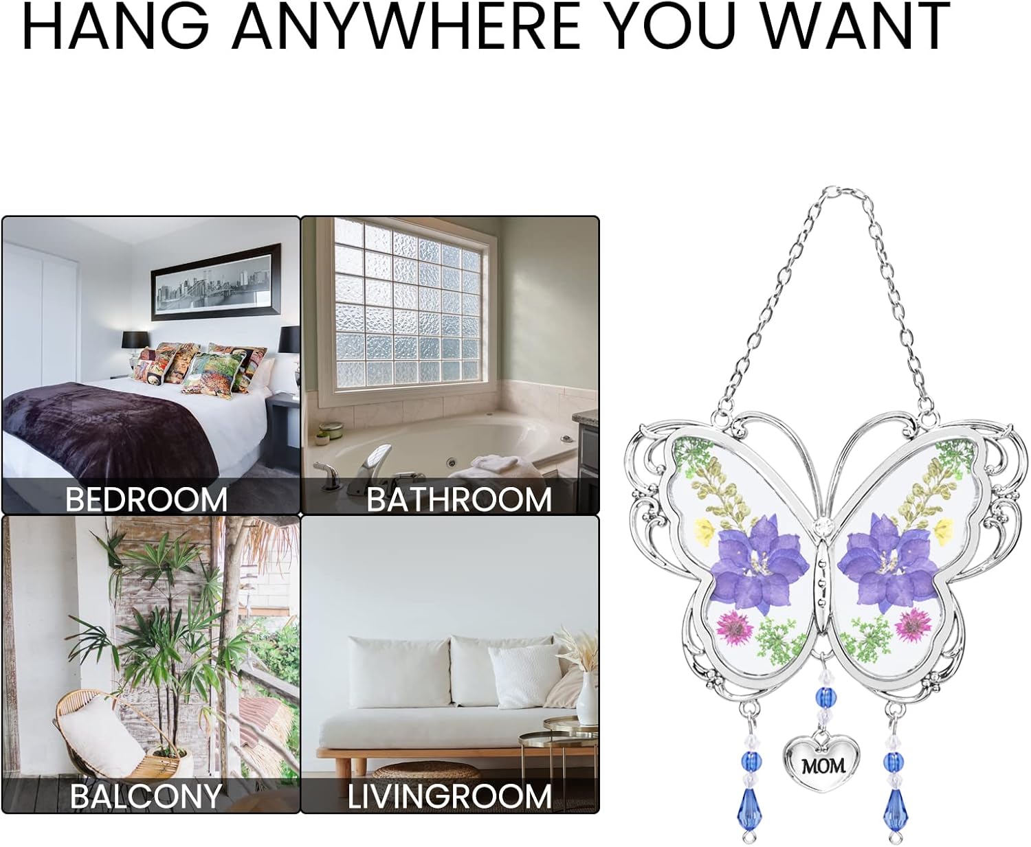 BOGDAN Crystal Butterfly Suncatcher with Pressed Flower Wings Mother's Day Butterfly Glass Wind Chime Ornament Charm with Metal Heart Happy Birthday Gifts for Mom with Free Hook (Mom - Image 6