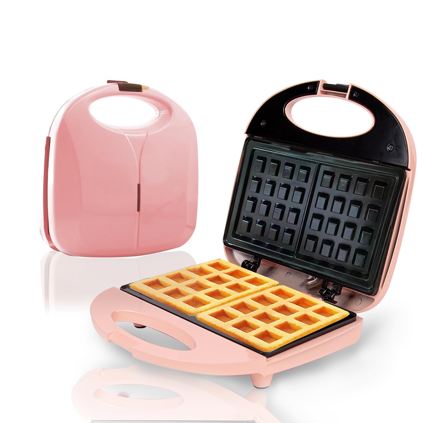 Mini Waffle Maker, Square Waffle Maker, Sandwich Maker, Waffle Iron, Nonstick Surface, Space Saving Compact Design, Perfect Sandwich Maker Press for Kids and Families (Pink)