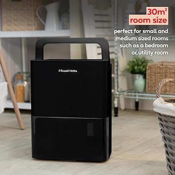 Russell Hobbs Dehumidifier 10 Litre/Day for Damp/Mould & Moisture in Home, Kitchen, Bedroom, Office, Caravan, Laundry Drying, 30m2 Room, Smart Timer, Black RHDH1001B