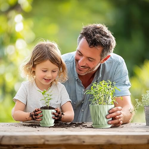 Miniatura 6 de Macetas Meowell de 76.565.554.54 pulgadas para plantas de interior y exterior, paquete de 7 macetas gruesas con agujeros de drenaje y platillos,