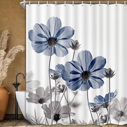 MERCHR Cortina de ducha única floral azul para decoración de baño, diseño de margaritas azules y grises, elegante diseño de flores silvestres con