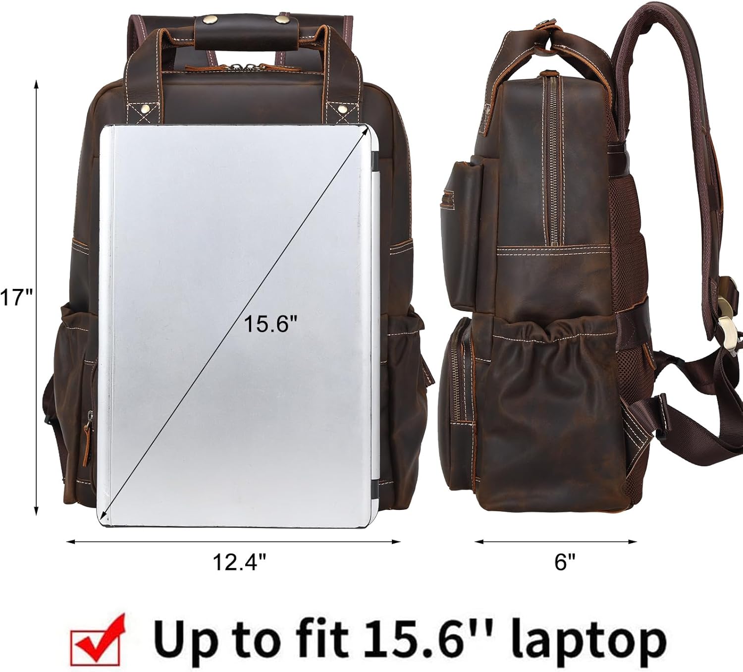 TIDING Vintage Full Grain Leather 17 Inch Laptop Backpack for Men Large Business Travel Daypack Computer Rucksack, Brown - Image 2