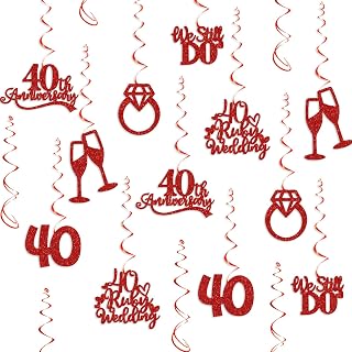 40th Anniversary Decorations, Red Glitter Happy 40th Anniversary Hanging Swirls, 40 Ruby Wedding, Cheers to 40 Years Blessed & Loved Wedding Party Foil Spirals Hanging Decorations
