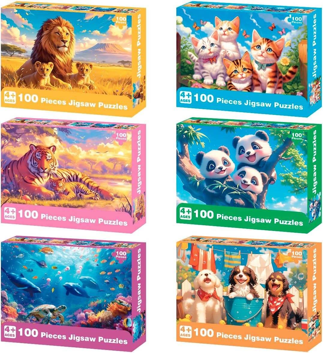 Yigney 100 Piece Puzzles for Kids - Ages 4-6 6-8 8-10 Year Old - Lions, Cats, Pandas, Tigers, Dogs, Turtles, 6-Pack Jigsaw Puzzles for Kids Learning Educational Toys for Boys and Girls