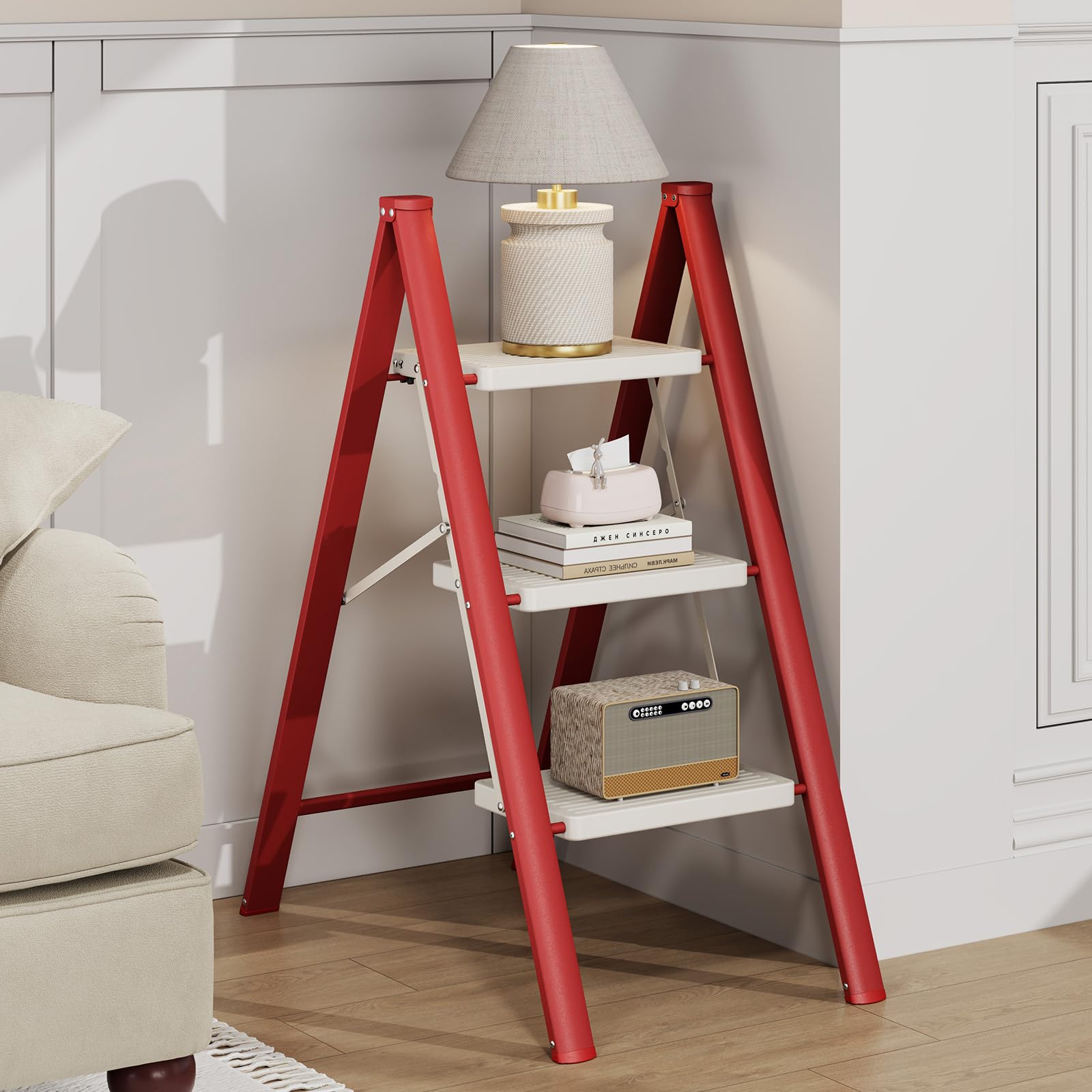 KINGRACK Escalera Plegable 3 peldaños sin barandilla, 150KG Rojo