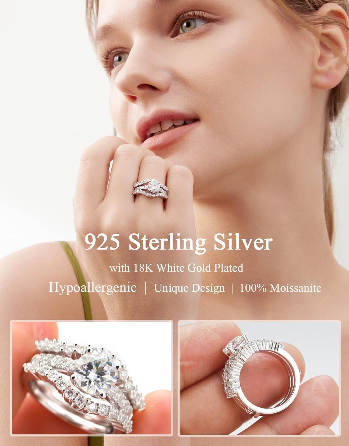 Moissanite Bridal Ring Sets for Women,3ct Round Cut D Color VVS1,S925 Sterling Silver with 18K White Gold Plated Engagement promise anniversary Wedding Bands Valentine's Day Gift（size 4-11） - Image 4