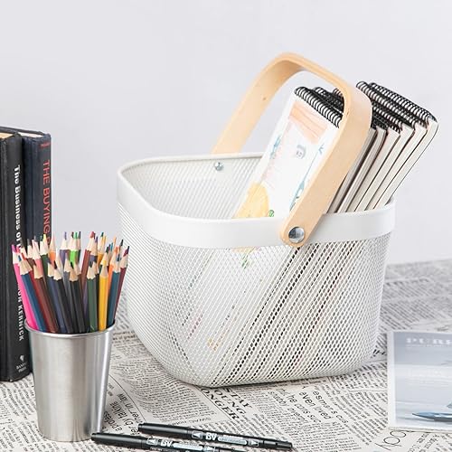 Miniatura 2 de AGIEG Paquete de 2 cestas de malla metálica con mango de madera cesta de frutas gabinete de picnic cocina organizador de almacenamiento de baño