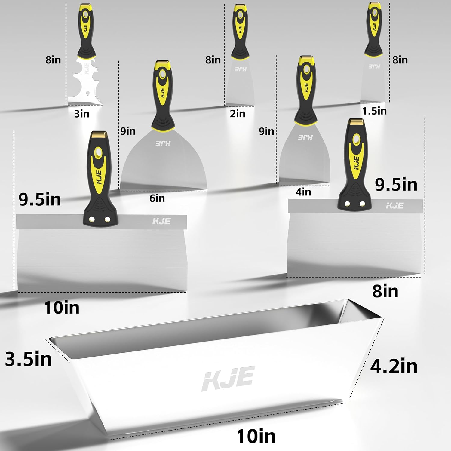 KJE 8PCS Drywall Tools, drywall knife set, drywall tool kit includes taping knives, putty knives, joint knives, and a mud pan, for Wall Work, espatulas para construccion