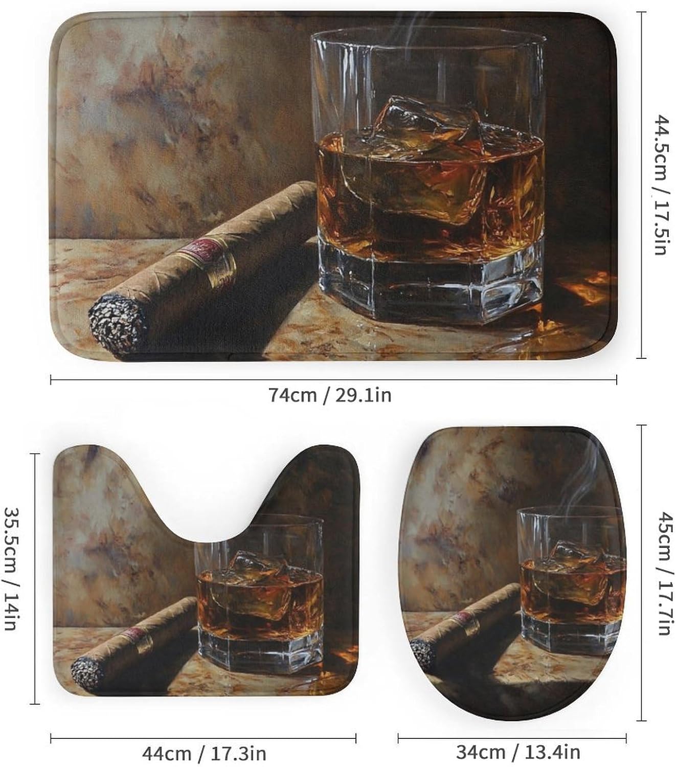 4Pcs Cigar Oil Painting Shower Curtain Set, Vintage Rustic Whiskey Glass Bathroom Decor Set with Rug Bathroom Accessory Bathroom Curtain Shower Set, 72" x 72"