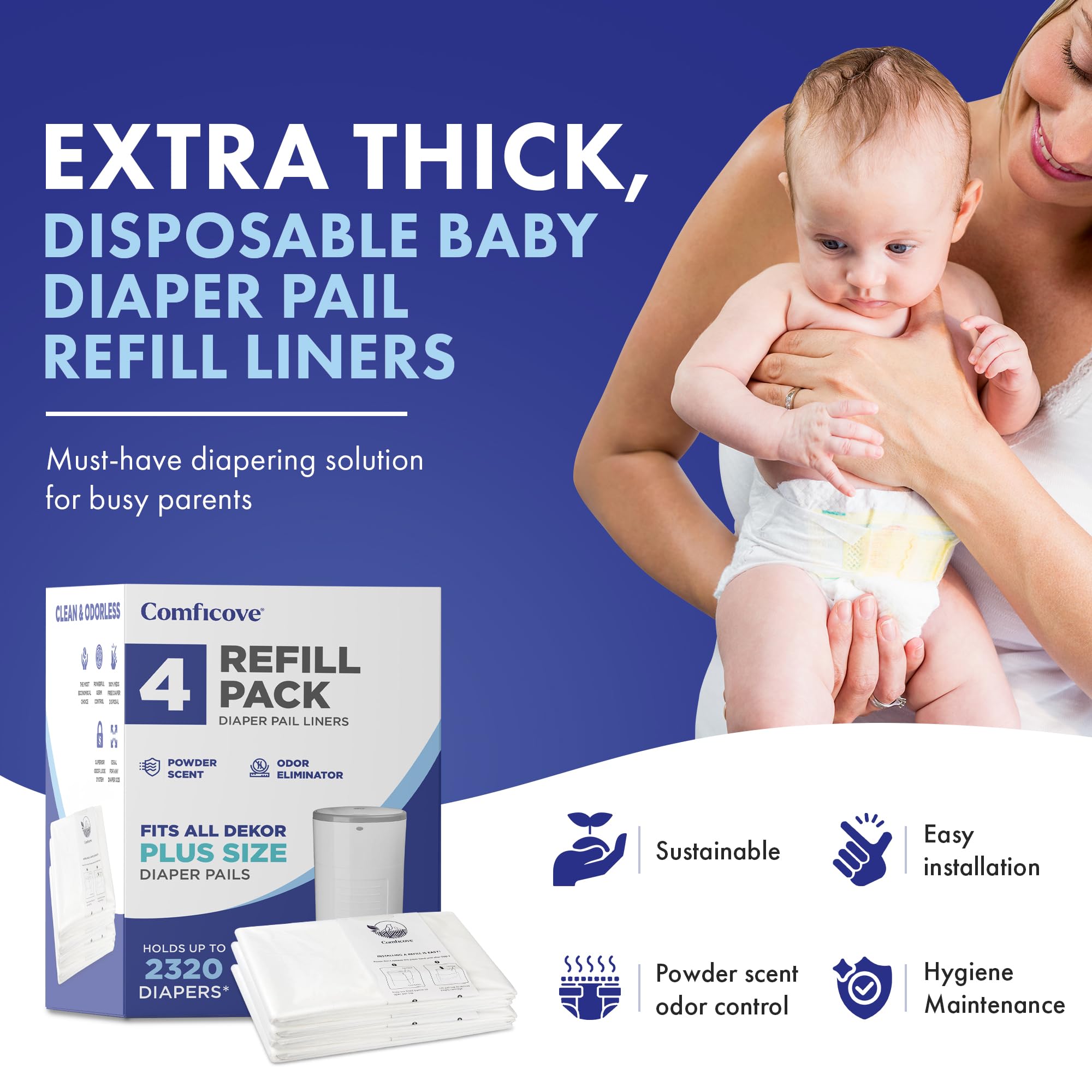 Recambios de cubo de pañales compatibles con cubos de pañales DEKOR Plus, paquete de cuatro recambios de papelera para pañales, fácil de reemplazar y desechar la bolsa de pañales COMFICOVE