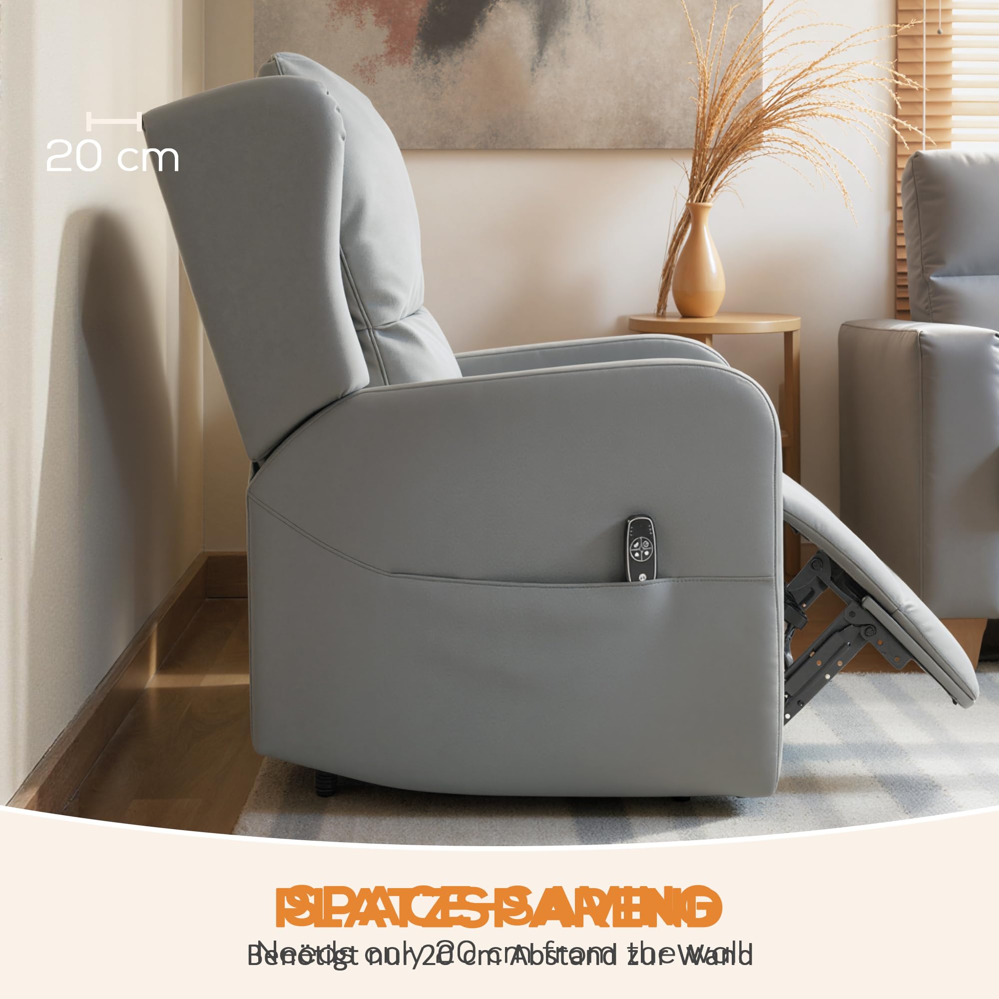 HOMCOM Relaxsessel Elektrisch Fernsehsessel mit 3D Knetmassage, Massagesessel mit Liegefunktion, Gepolstert TV Sessel mit Fernbedienung, Fußteil und Seitentasche, Ledermischung, für Wohnzimmer, Grau