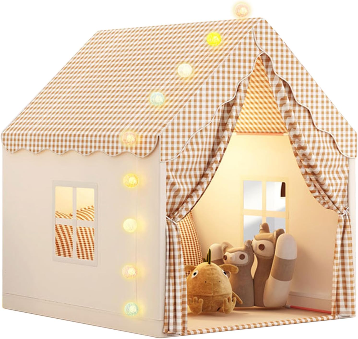 Kid Play Tent with Lights, Kids House Indoor & Outdoor,Toddlers Play Tent with Windows - Large Toddler Tent for Kids -Toy House Gift for Boys & Girls - Khaki- 130 * 120 * 105 cm