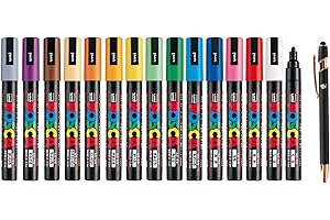 Uni-Paint Marker 15-Pack Medium Point PC-5M Standard Color Set with Original Stylus Ballpoint Touch Pen