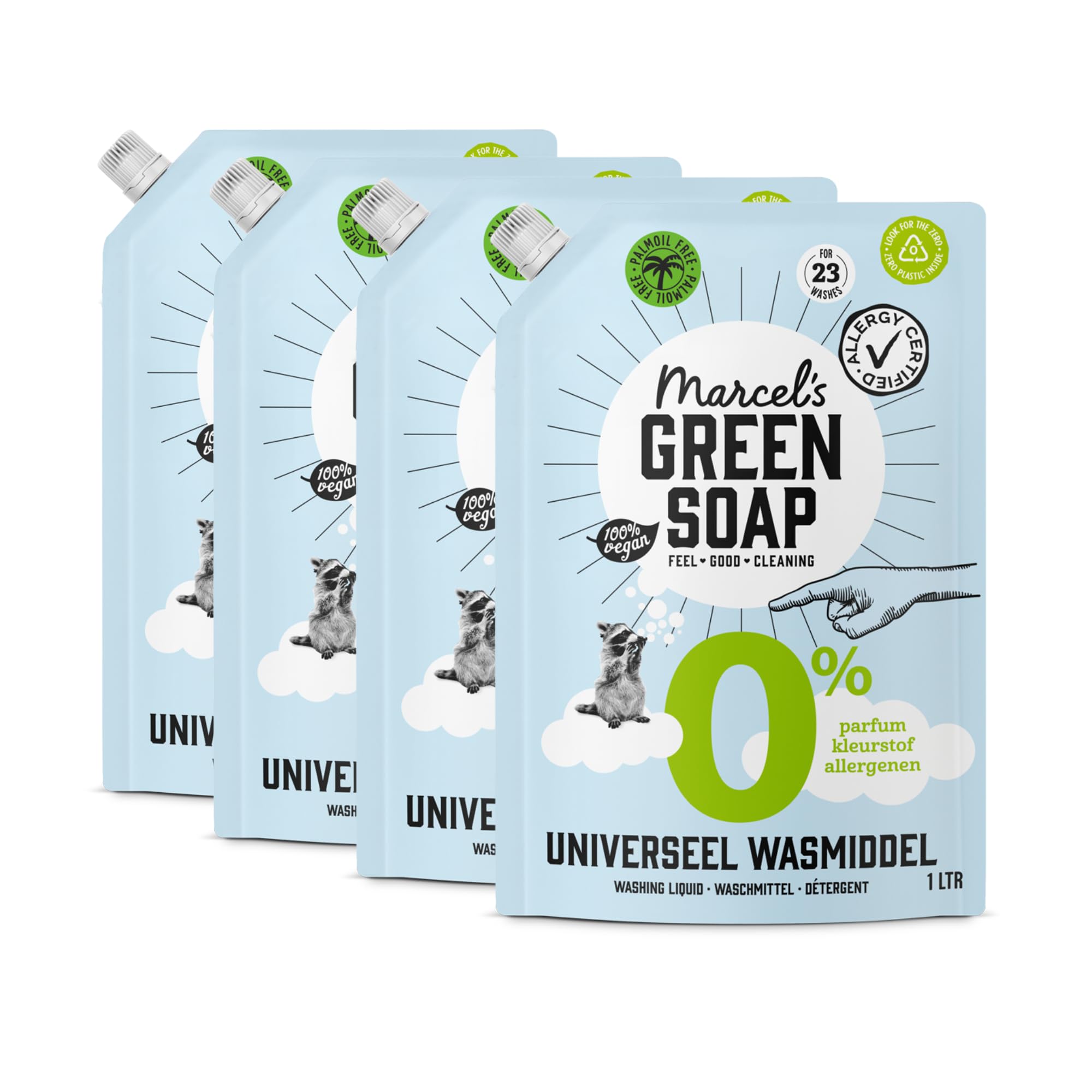 Marcel's Green Soap Recharge de liquide de lavage 0 % - Certifié hypoallergénique - Détergent à lessive - Sans microplastique et huile de palme - Végétalien - 95 % biodégradable - 4 L, 1 L (lot de 4)