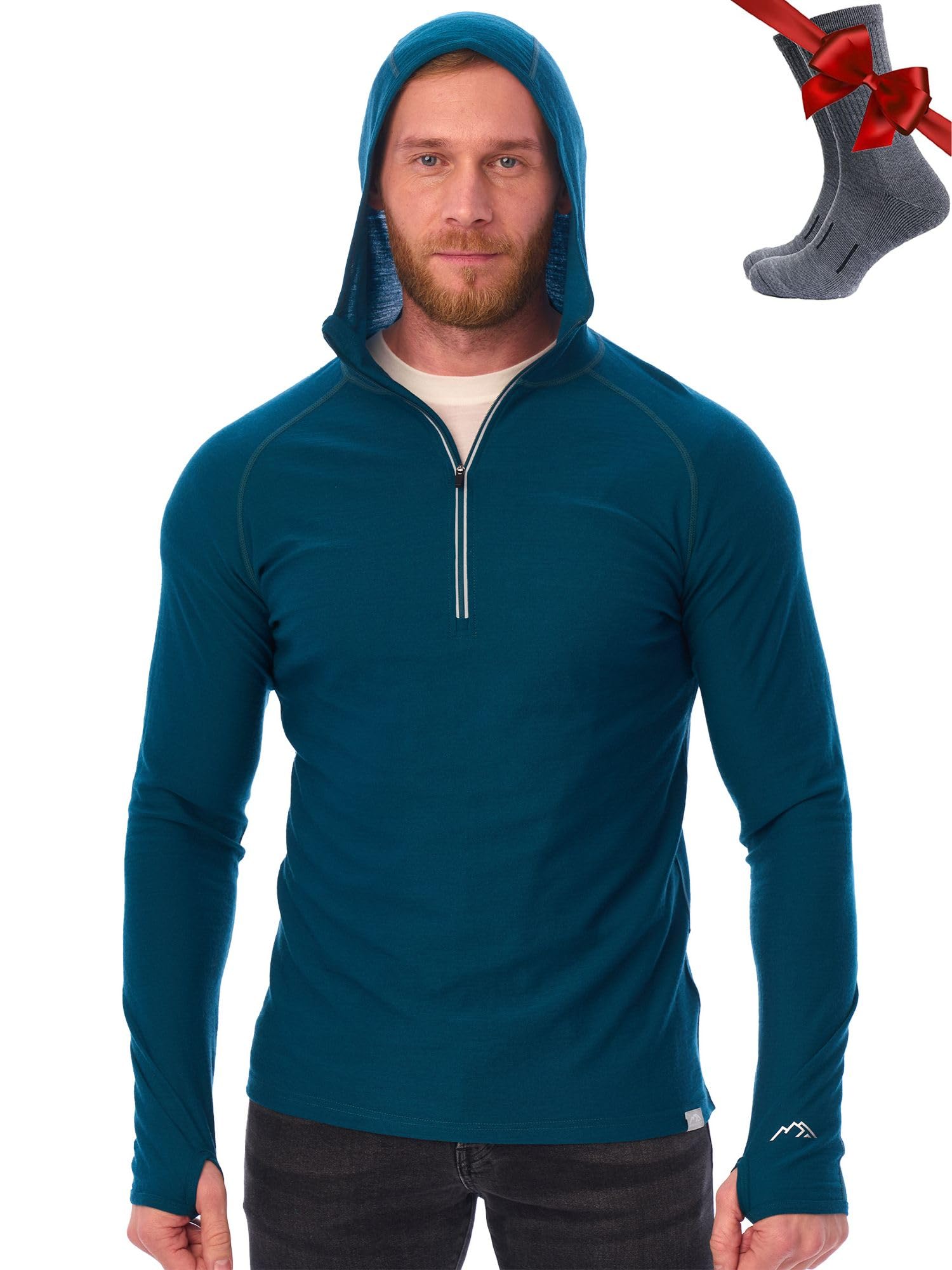 100% Merino Wool Hoodie Men - Slim Fit Quarter Zip Thermal Base Layer Top