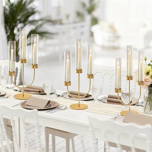Miniatura 7 de Sziqiqi Candelabro dorado para centro de mesa de boda 3 portavelas de brazo con cilindro para palito de vela cónico - Juego de 2 portavelas de metal