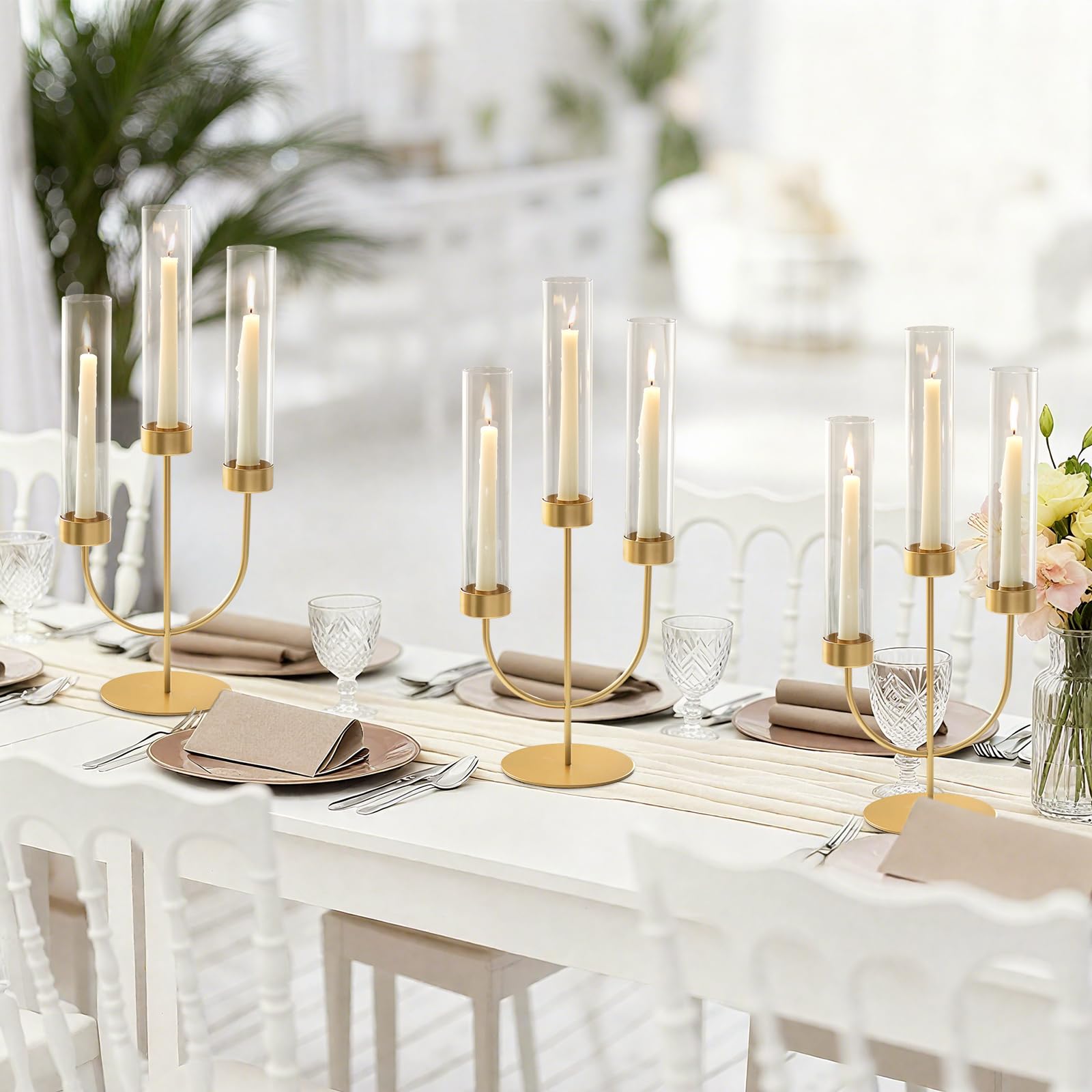 Sziqiqi Candelabro Nero: Portacandele a 3 Bracci con Vetro Hurricane per Centrotavola - Candelabro Gotico in Metallo per Decorazioni Halloween Esterno Cena Camino