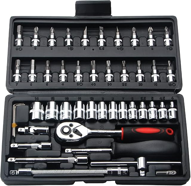 Socket Set 46 Piece Socket Set Metric Tool Kit 1/4'' Wrench Handle, Tool Kits for Home Car Repair Kit with Extension Bars, Quick Release Reversible Ratchet Socket Wrench Set for Car Motorcycle