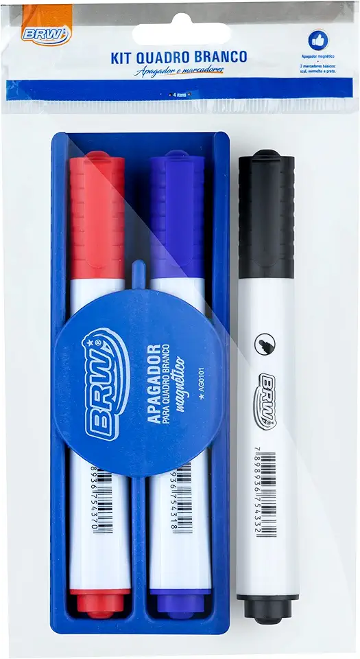 Kit Marcador Quadro Branco 3 Unidades com Apagador Magnético BRW