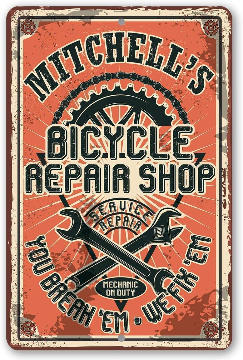 Personalized Bicycle Repair Shop - Vintage Garage Decor for Men, Man Cave Decor, Garage Accessories for Bicyclists, Teen Boys Room Print and Gift, 8x12 or 12x18 Indoor or Outdoor Durable Metal Sign