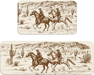 American Wild West Desert Cowboys Kitchen Rugs Microfiber Floor Mats Western Farmhouse Country Cushioned Carpet Runner Rug for Laundry Bathroom Living Room, 2 Piece Set 17"X 47" + 17"X 30"