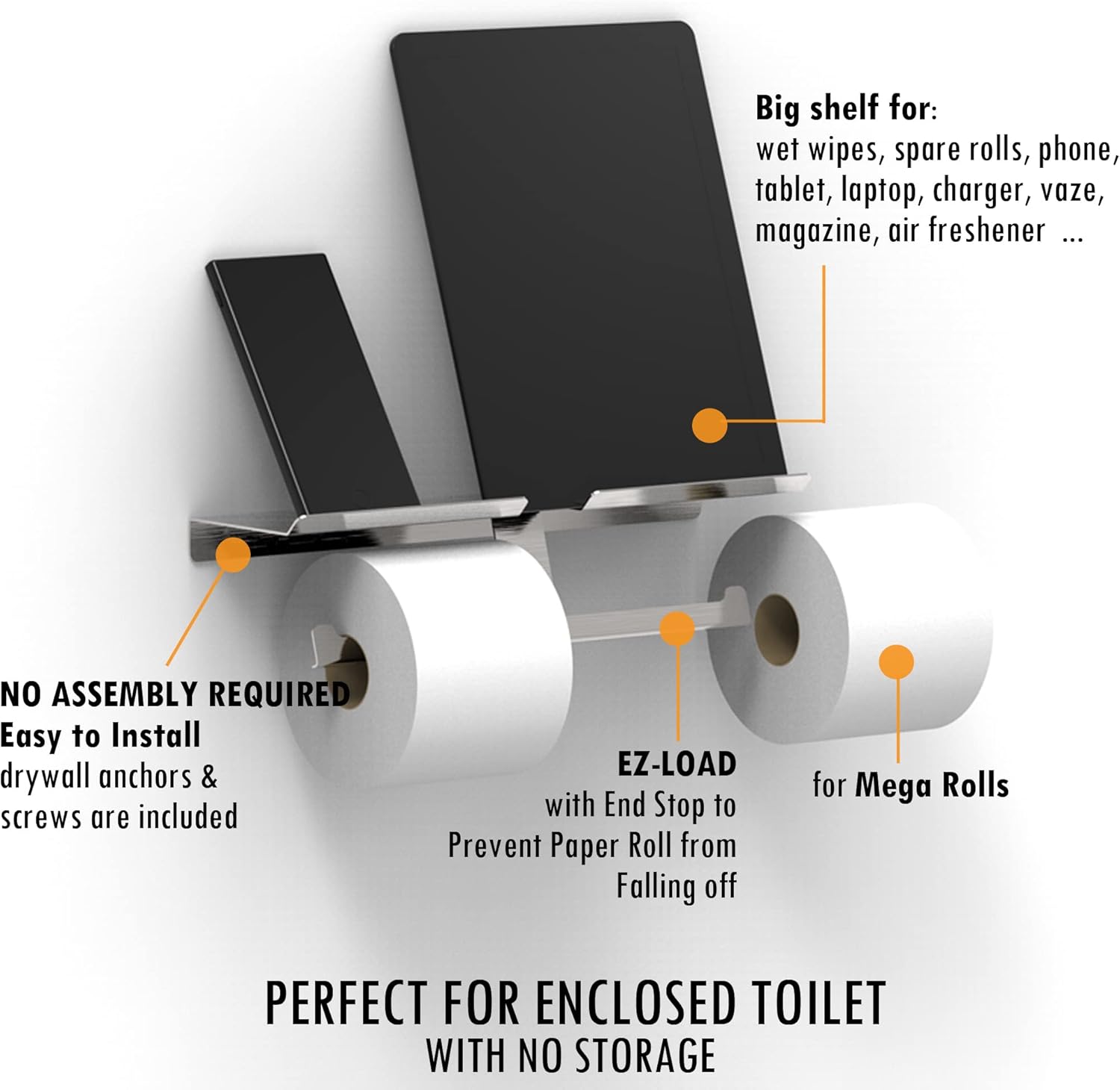 Matte Black Double Toilet Paper Holder with Phone Shelf, for 2 Mega Rolls & Wet Wipes, Rust-Proof Stainless Steel Construction