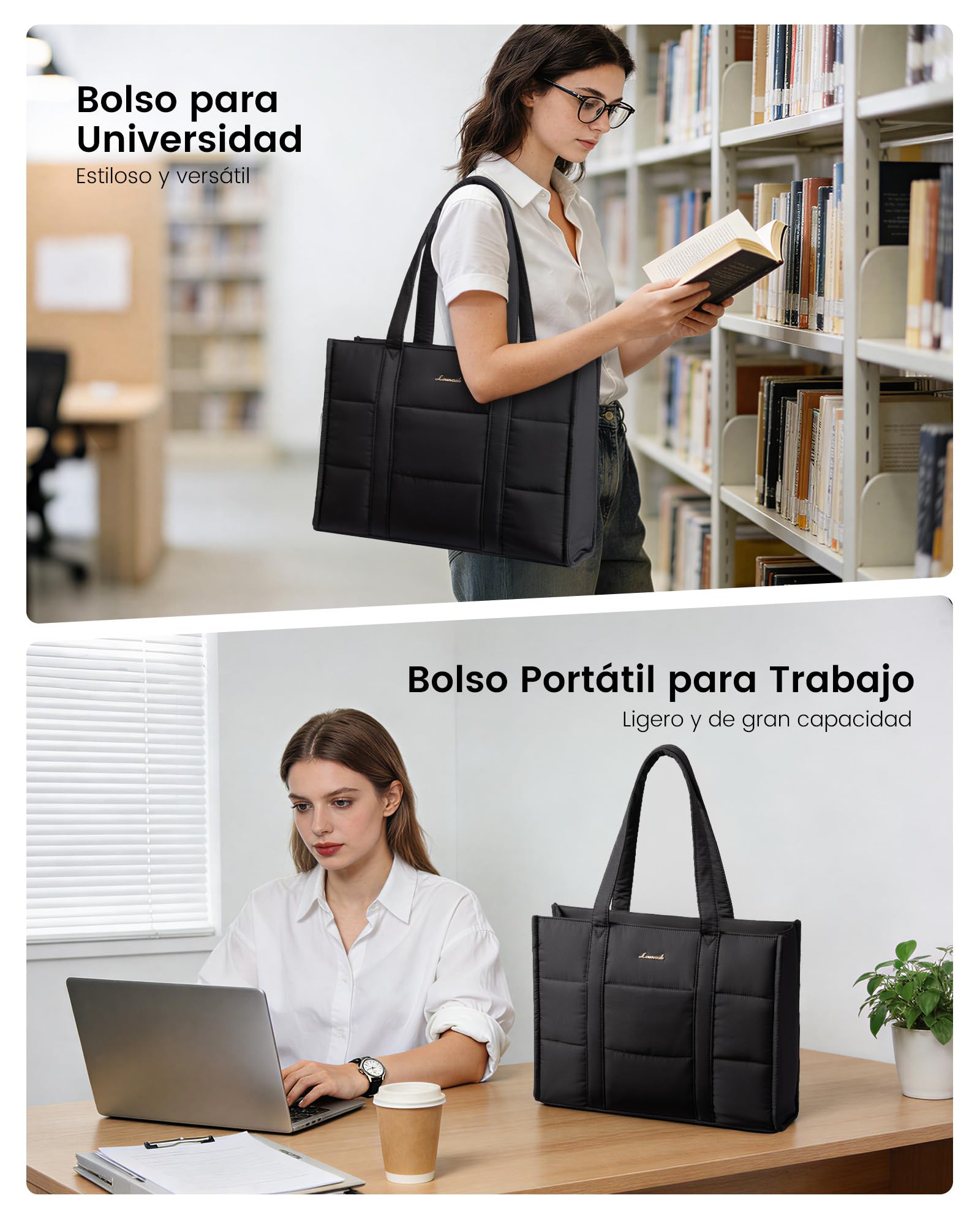 LOVEVOOK Bolso Mujer Grande, Puffer Bolso Tote Bag Bolsos para Universidad Shopper, Bolso Portatil Ordenador para Trabajo Oficina Universitarias