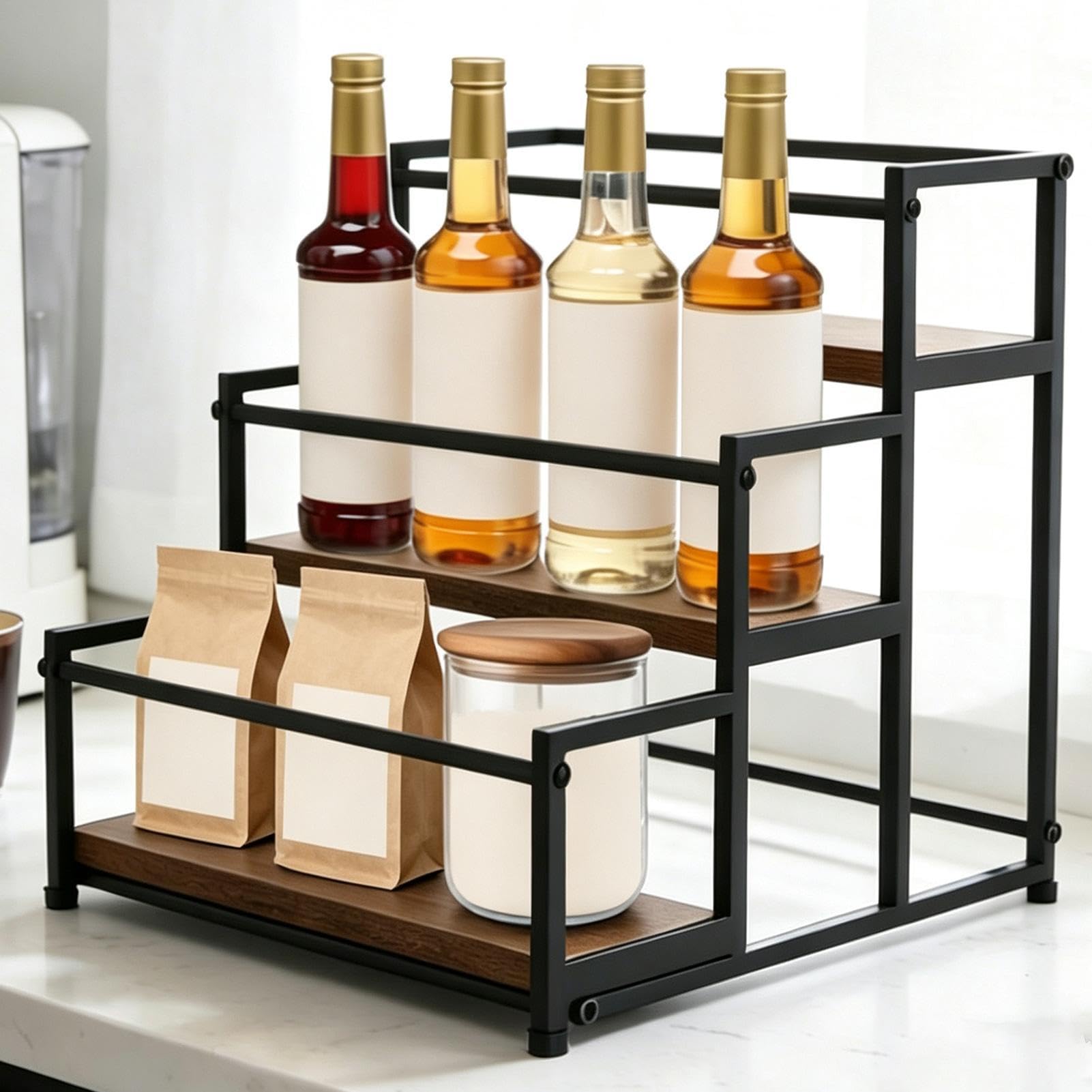 Półka do Przechowywania Syropów Kawowych Regał 3-Poziomowy o Dużej | uchwyt na butelki syropu do domowej kuchni, blat kuchenny, wino, sosy sałatkowe