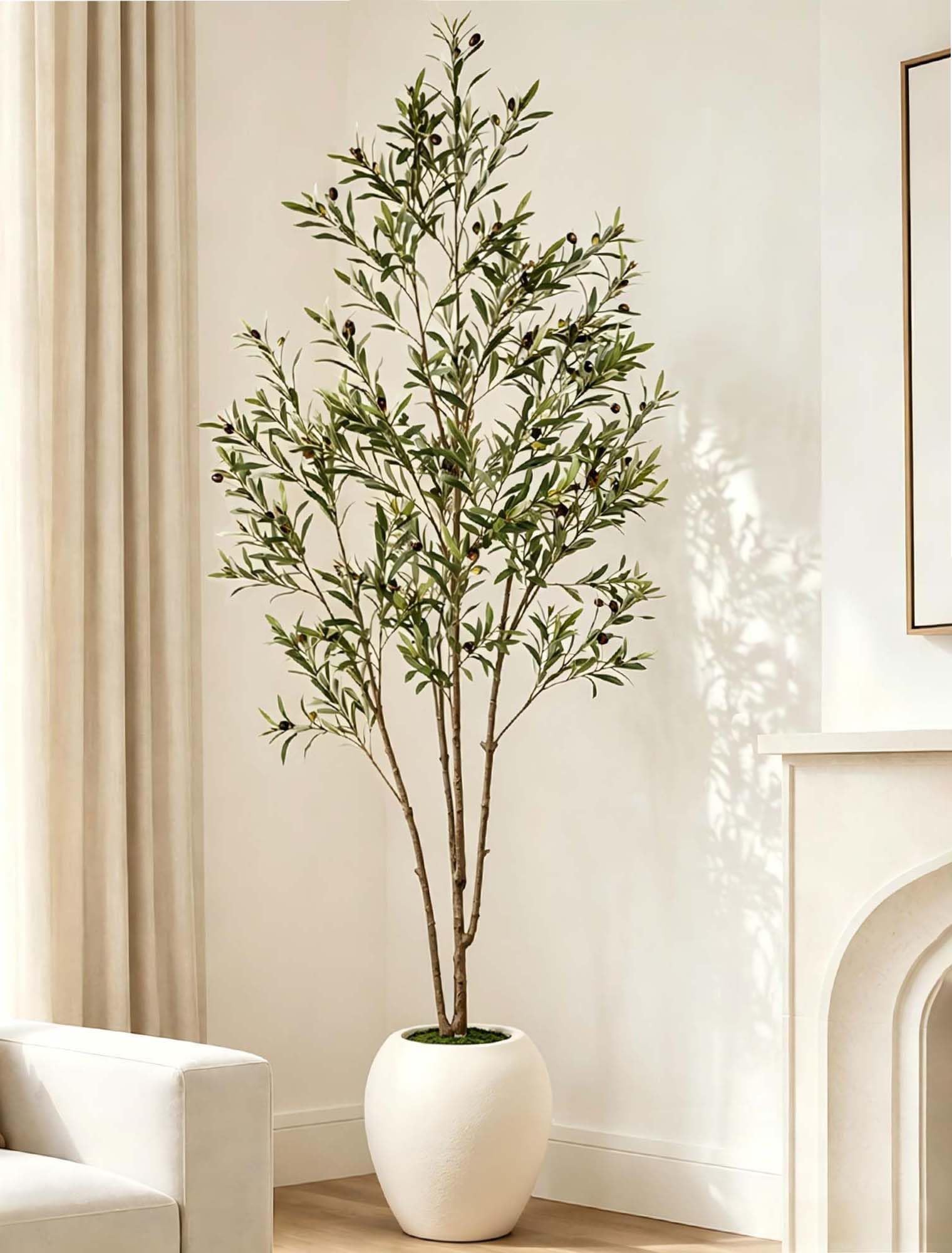 Olivo Artificial 210 cm con Maceta Blanca, Planta De Interior Alta